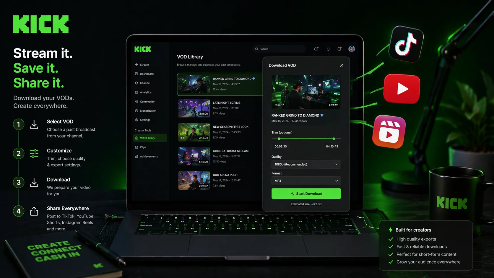 Learn how to legally download your Kick VODs and repurpose them across TikTok, YouTube Shorts, and Reels without copyright strikes. Step-by-step guide inside.