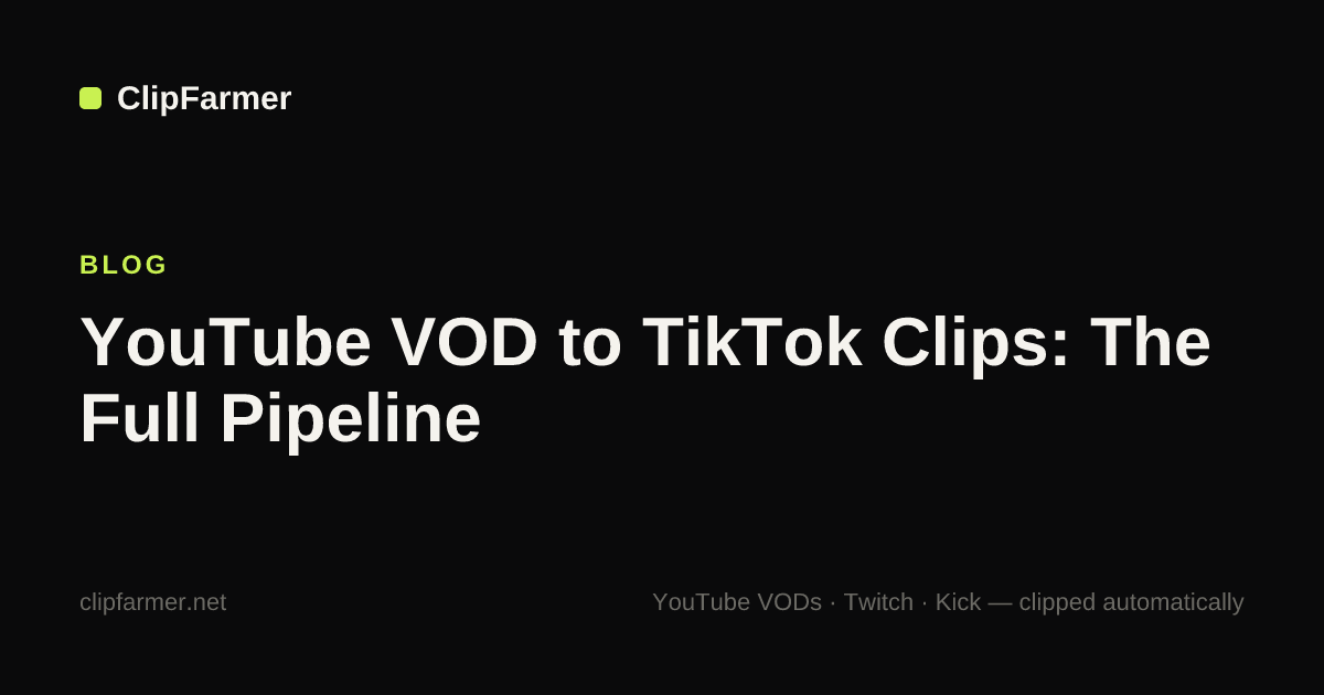 The full pipeline from a YouTube VOD to TikTok clips: paste a URL, find the peaks with receipts, build 9:16 reels with captions, and post. From $9/mo.
